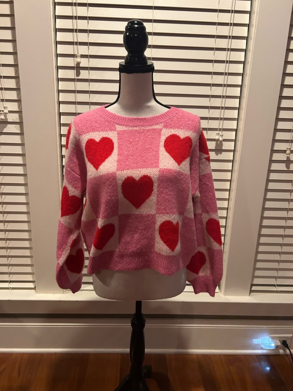 Threaded Leaf Pink Checker Heart Crewneck Sweater